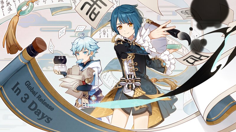 Two Anime Characters — Blue, Playful, Digital Art, Scrolls