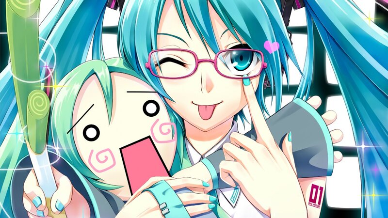 Two Anime Characters — Blue, Playful, Glasses, Dual Ponytails
