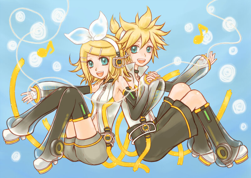 Two Anime Characters — Blue, Playful, Music Notes