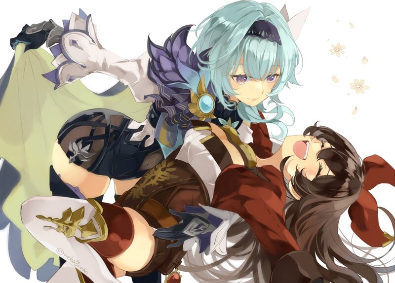 Two Anime Characters — Blue, Playful, Spring, Flowers
