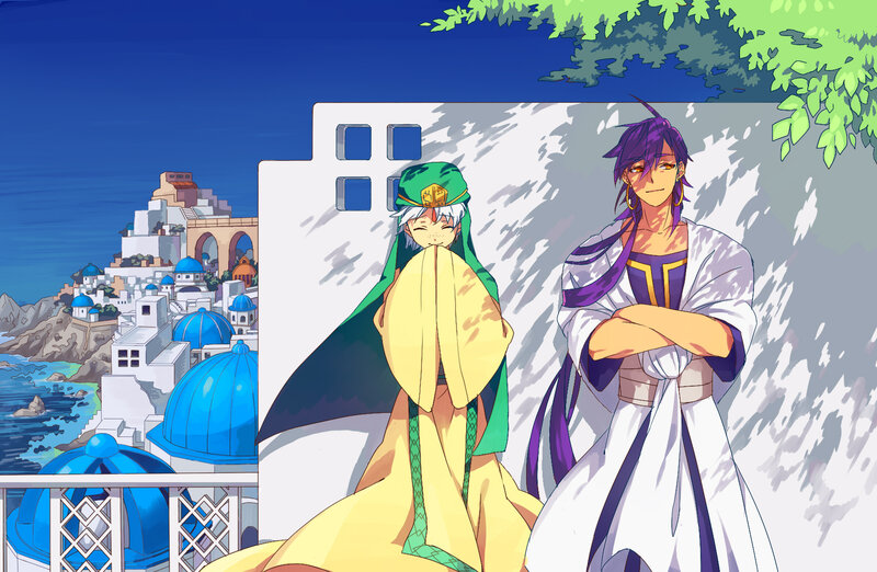 Two Anime Characters — Blue, Serene, Afternoon, Blue Domes