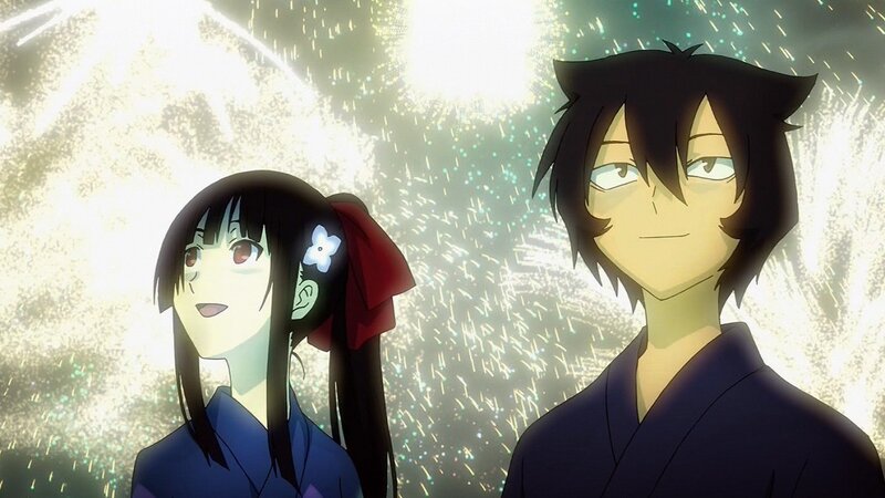 Two Anime Characters — Blue, Serene, Night, Fireworks