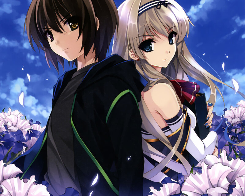 Two Anime Characters — Blue, Serene, Night, Flowers, Sky
