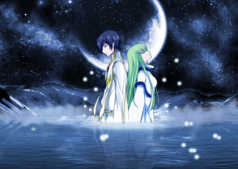Two Anime Characters — Blue, Serene, Night, Moon, Stars
