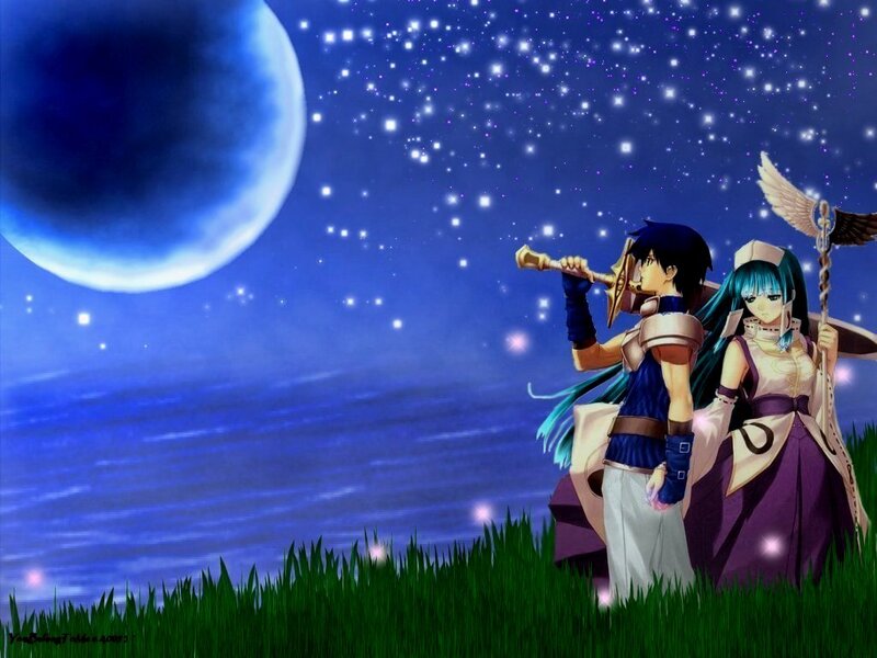 Two Anime Characters — Blue, Serene, Night, Moon