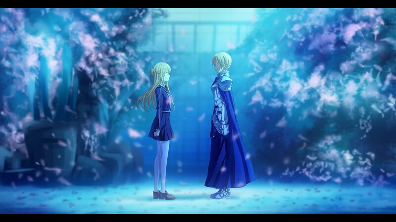 Two Anime Characters — Blue, Serene, Spring, Cherry Blossoms, Flowers