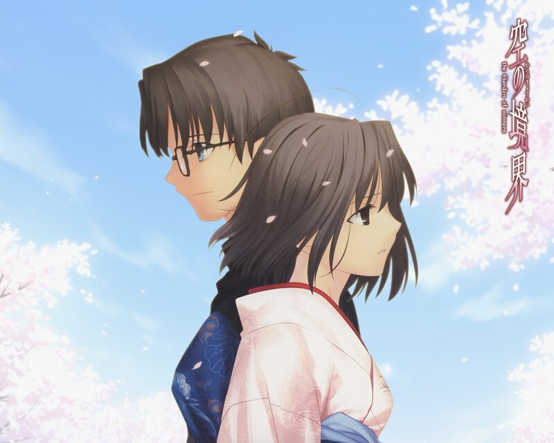 Two Anime Characters — Blue, Serene, Spring, Cherry Blossoms, Kimono