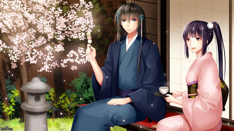 Two Anime Characters — Blue, Serene, Spring, Cherry Blossoms, Kimonos