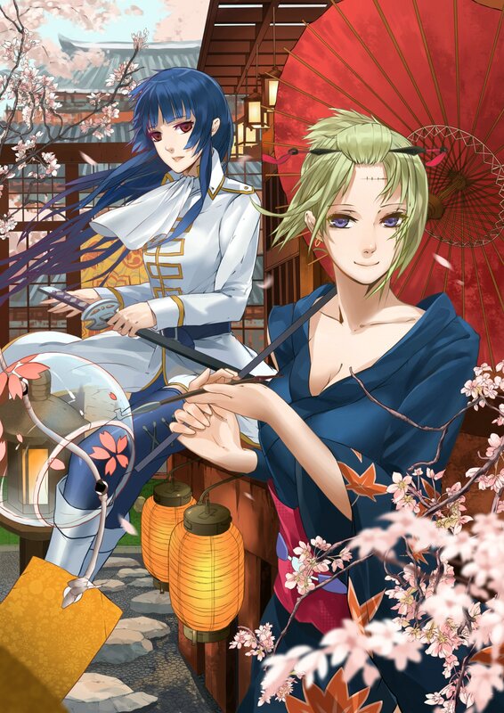 Two Anime Characters — Blue, Serene, Spring, Cherry Blossoms, Lanterns