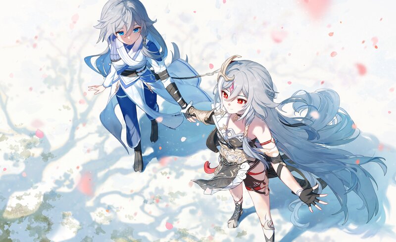 Two Anime Characters — Blue, Serene, Spring, Digital Art, Snow