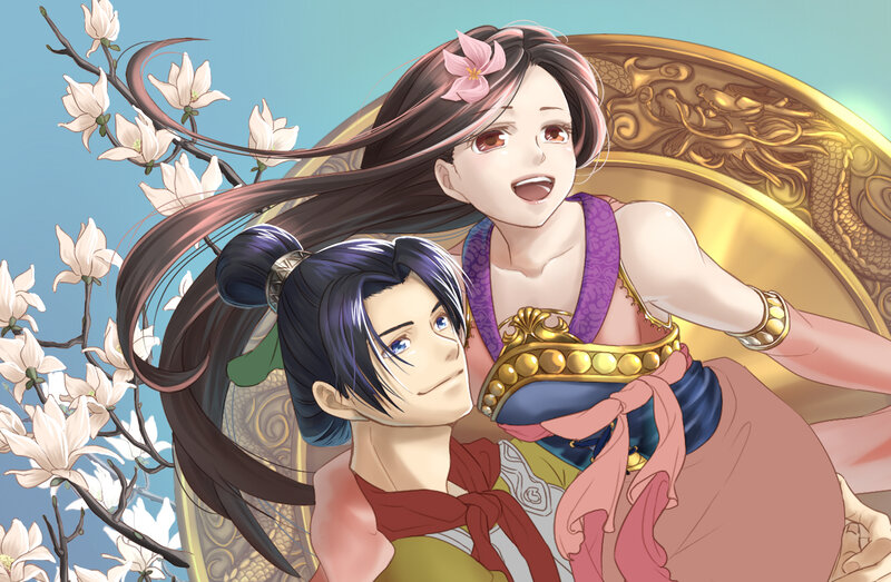 Two Anime Characters — Blue, Serene, Spring, Flowers, Dragon