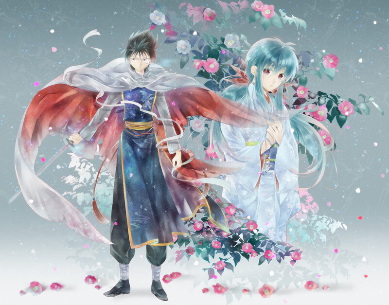 Two Anime Characters — Blue, Serene, Spring, Flowers