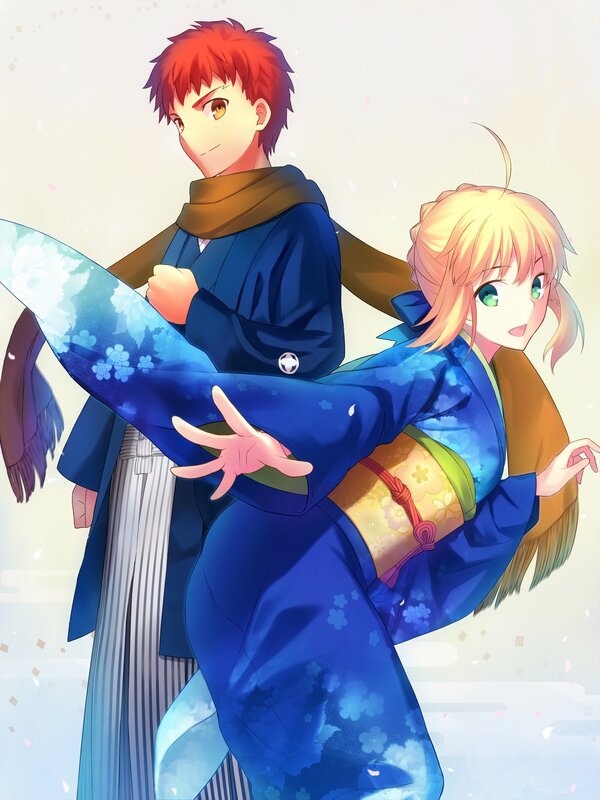 Two Anime Characters — Blue, Serene, Spring, Kimono, Sakura Petals