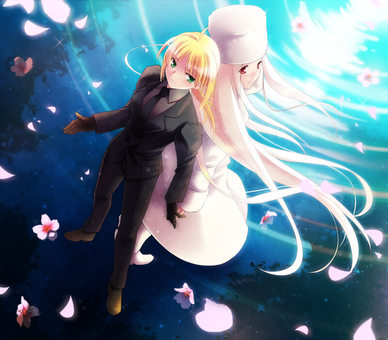 Two Anime Characters — Blue, Serene, Spring, Sakura Petals