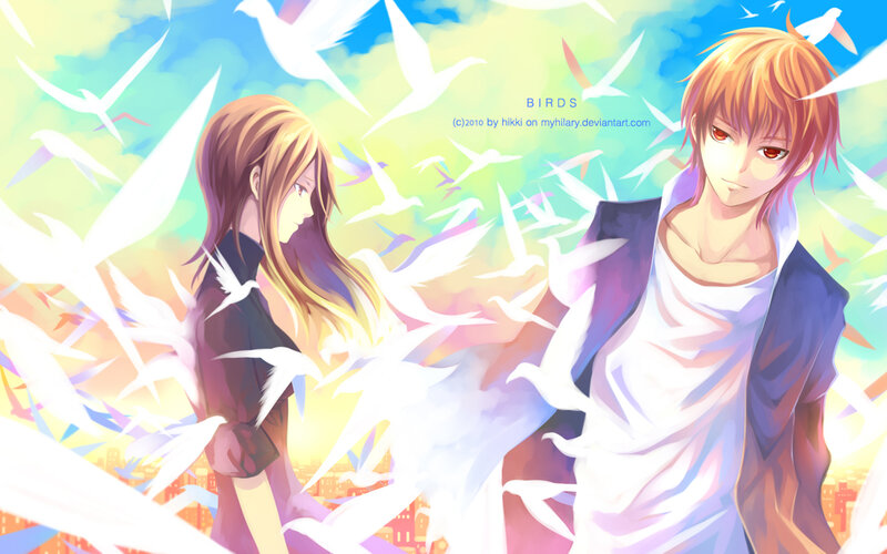 Two Anime Characters — Blue, Serene, Sunset, Birds