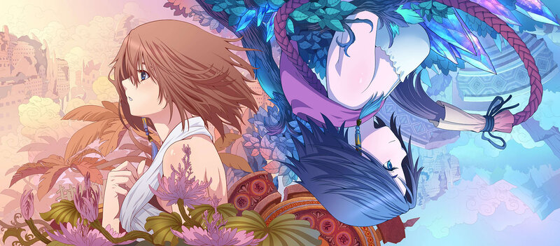 Two Anime Characters — Blue, Serene, Sunset, Flowers, Birds