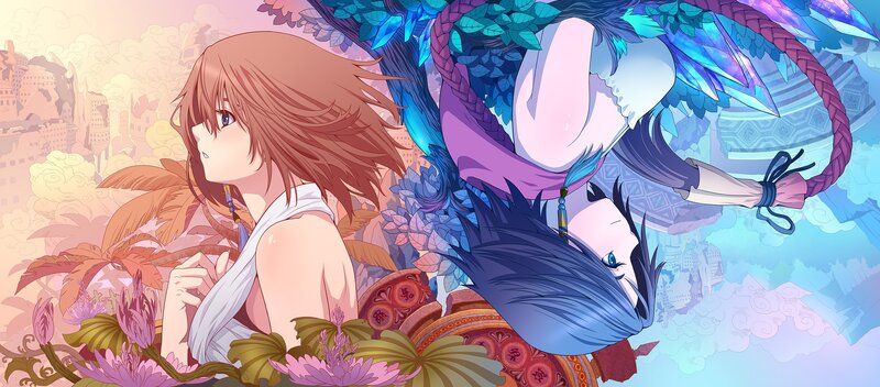 Two Anime Characters — Blue, Serene, Sunset, Flowers, Feathers