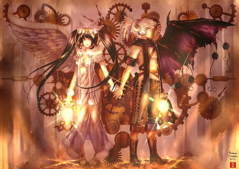 Two Anime Characters — Brown, Dramatic, Digital Art, Wings