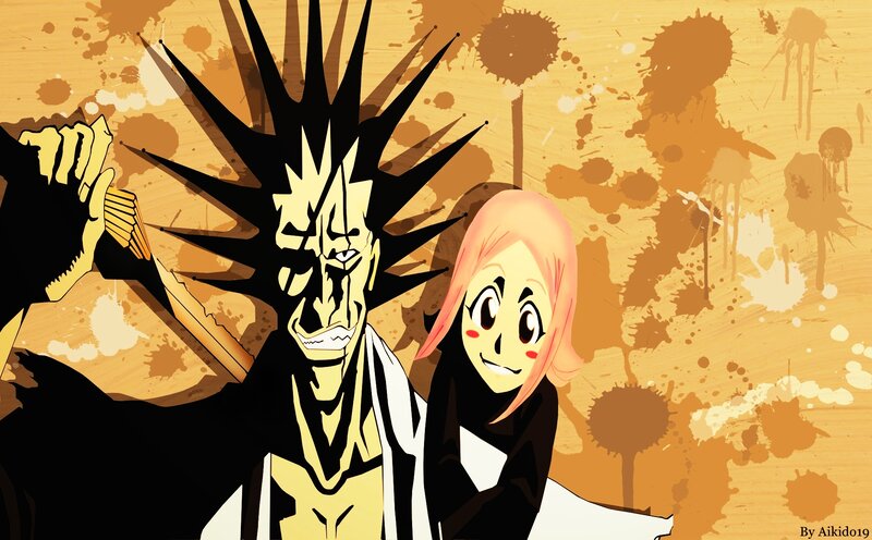 Two Anime Characters — Brown, Dramatic, Splattered Background