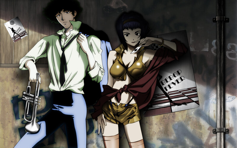 Two Anime Characters — Brown, Dramatic, Trumpet, Poster, Woman Holding Knife