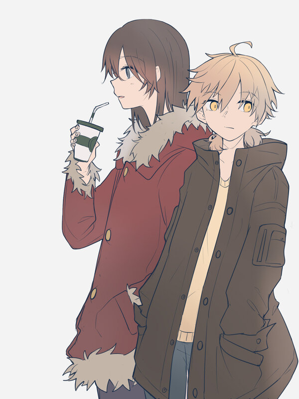 Two Anime Characters — Brown, Neutral, Coffee Cup
