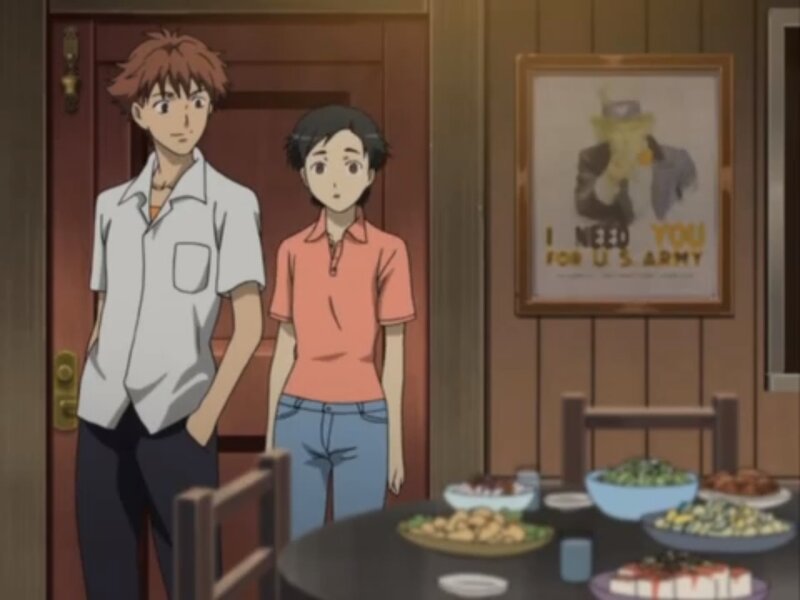 Two Anime Characters — Brown, Neutral, Dining Table