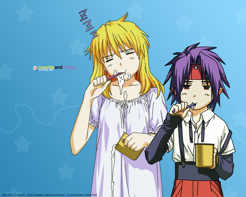 Two Anime Characters Brushing Teeth — Blue