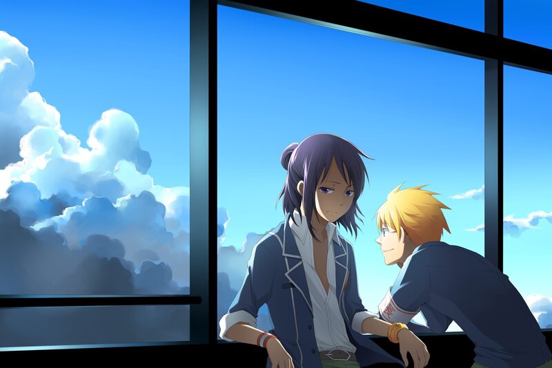Two anime characters by a window