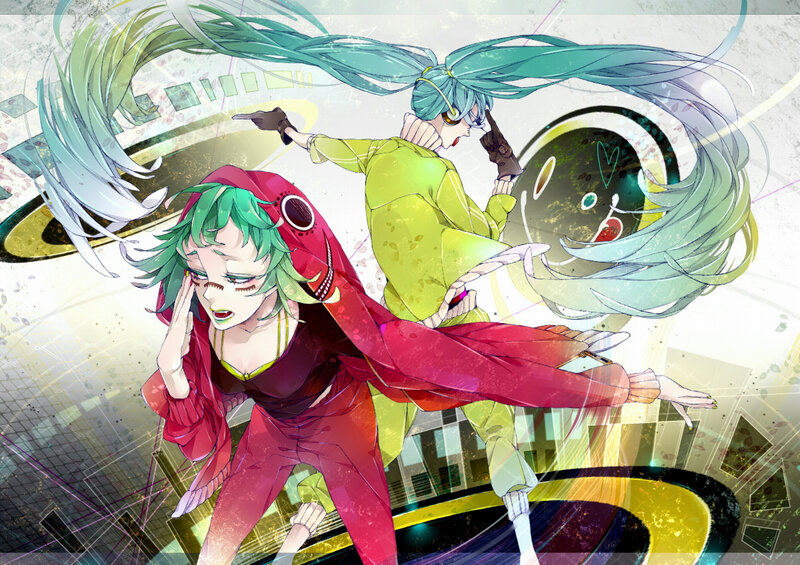 Two Anime Characters Dancing — Green, Dynamic, Energetic, Digital Art