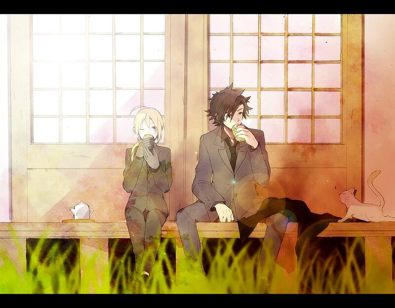 Two anime characters drinking tea