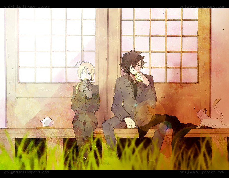 Two anime characters drinking tea