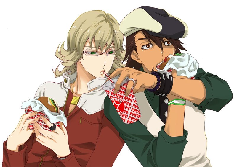 two anime characters eating burgers