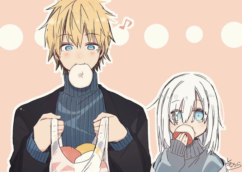 Two Anime Characters Eating — Pink, Playful