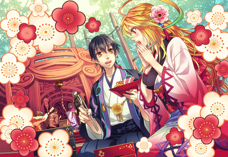 Two Anime Characters Eating — Red, Festive