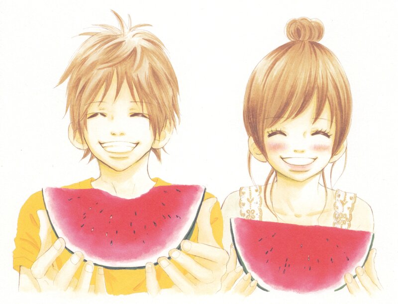 Two anime characters eating watermelon