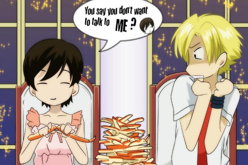 Two Anime Characters Eating — Yellow, Playful