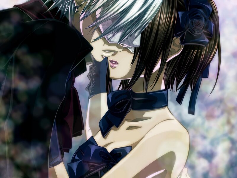 Two Anime Characters Embracing — Black, Dramatic, Black Bow