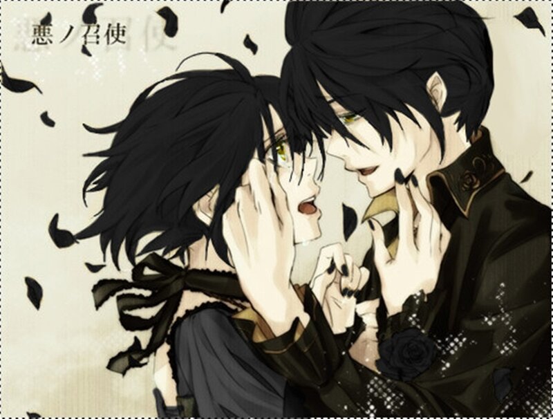 Two Anime Characters Embracing — Black, Dramatic, Black Roses