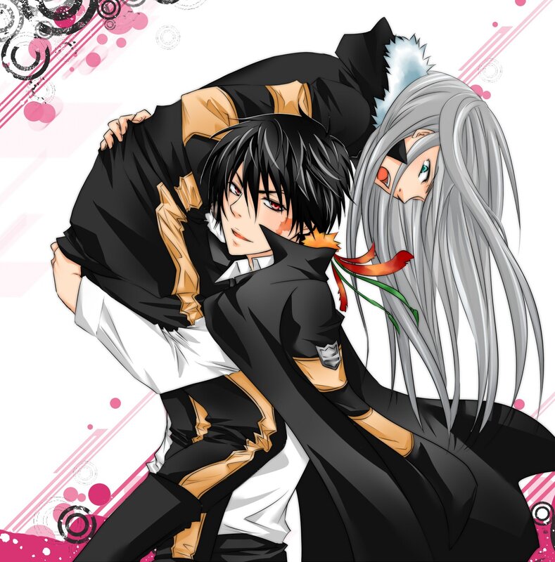 Two Anime Characters Embracing — Black, Dramatic, Long Silver Hair