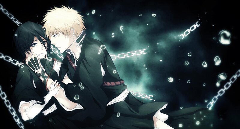 Two Anime Characters Embracing — Black, Dramatic, Night, Chains