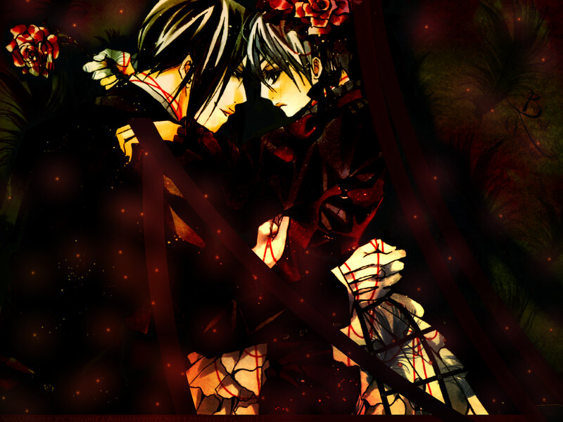 Two Anime Characters Embracing — Black, Dramatic, Night, Roses