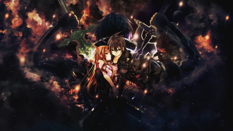 Two Anime Characters Embracing — Black, Dramatic, Night, Swords