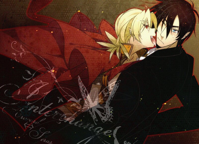 Two Anime Characters Embracing — Black, Dramatic, Red Cape
