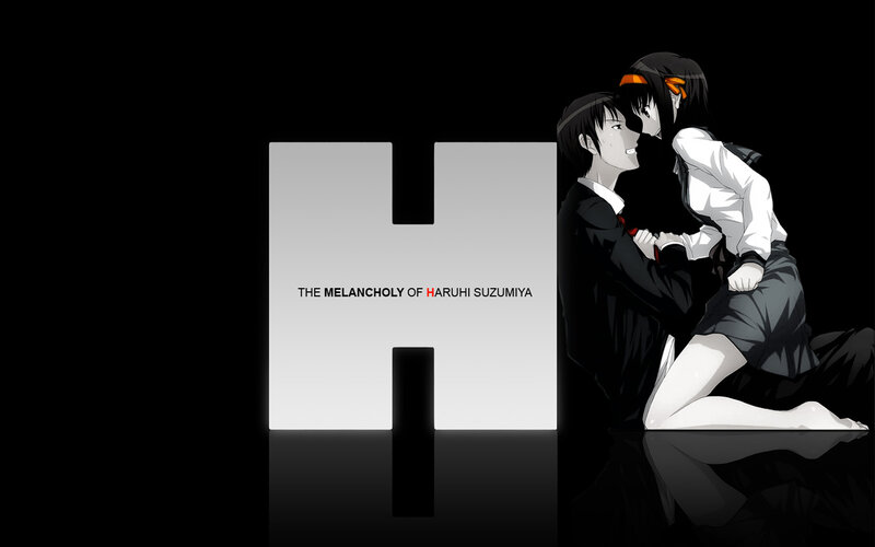 Two Anime Characters Embracing — Black, Dramatic, School Uniform, Black Background