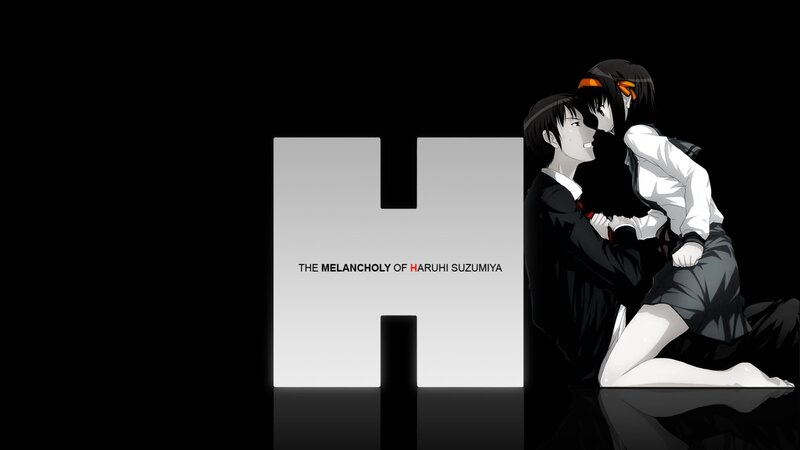 Two Anime Characters Embracing — Black, Dramatic, School Uniforms, Black Background