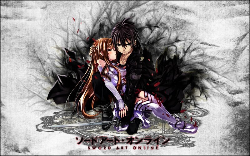 Two Anime Characters Embracing — Black, Dramatic, Sword