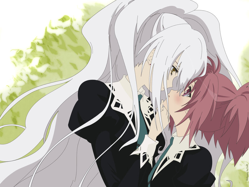 Two Anime Characters Embracing — Black, Dramatic, White Hair