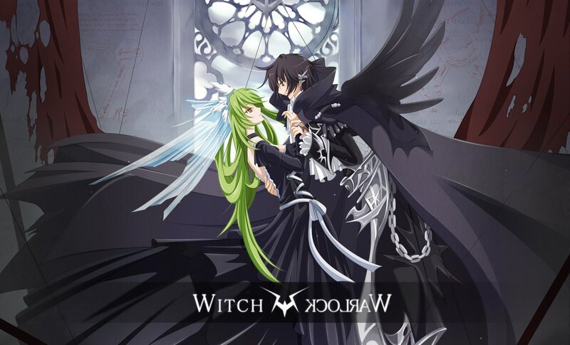 Two Anime Characters Embracing — Black, Dramatic, Wings, Cloaks, Stained Glass, Green, White, Witch Warcok