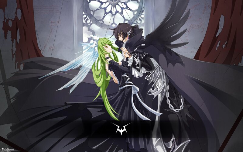 Two Anime Characters Embracing — Black, Dramatic, Wings, Cloaks, Stained Glass