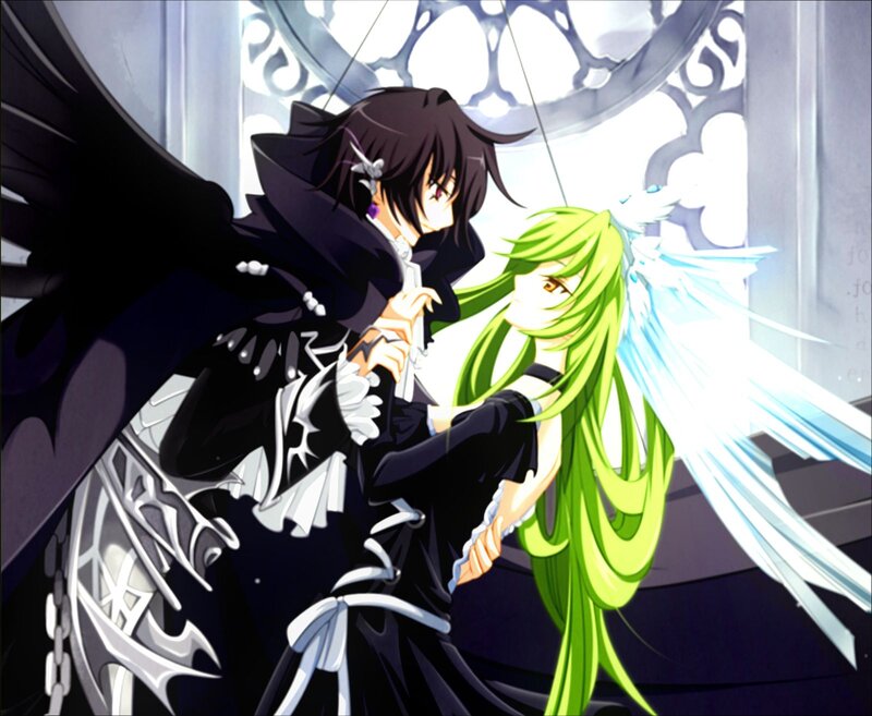 Two Anime Characters Embracing — Black, Dramatic, Wings, Cloaks